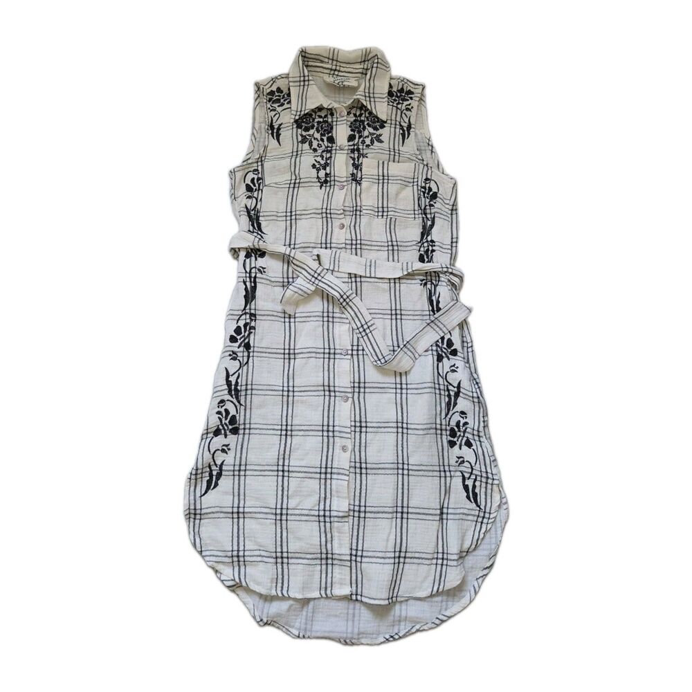 Paparazzi Cream Black Plaid Embroidered Sleeveless Belted Shirt Dress Size M EUC